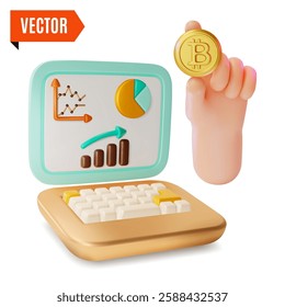 3d Crypto Currency Concept Hand with Golden Bitcoin and Laptop with Financial Charts Cartoon Design Style. Vector illustration