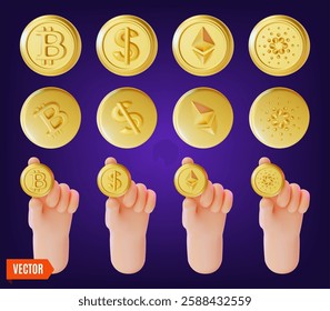 3d Crypto Currency Concept Human Hand with Different Golden Coin Cartoon Design Style. Vector illustration of Bitcoin, Ethereum and Dollar