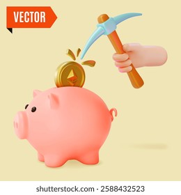 3d Crypto Currency Concept Piggy Bank, Pickaxe and Golden Coin Cartoon Design Style. Vector illustration