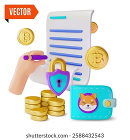 3d Crypto Currency Concept Shiba Inu Wallet, Padlock, Smart Contract and Hand Holding Pen Cartoon Design Style. Vector illustration