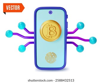 3d Crypto Currency Concept Smartphone with Bitcoin Golden Coin Cartoon Design Style. Vector illustration of Cryptocurrency