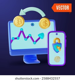 3d Crypto Currency Concept Smartphone with Protection Padlock and Laptop with Financial Charts Cartoon Design Style. Vector illustration