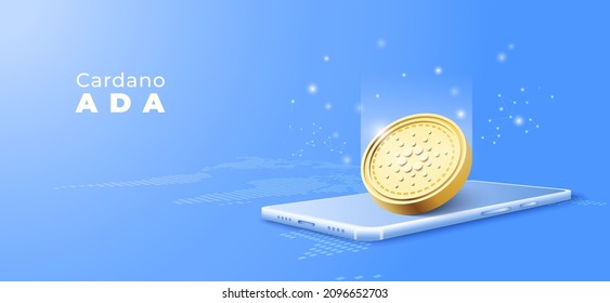 3d crypto currency on mobile wallet service. blockchain technology background. Banner vector illustration