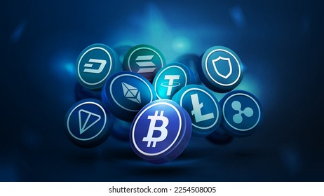 3D cryptocurrency coins in dark blue scene. Bitcoin, Litecoin, Ethereum, Tether, Trust, Ton and Solana svg
