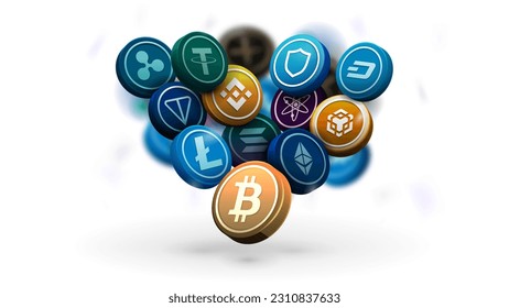 3D cryptocurrency coins isolated on white background for your arts. Bitcoin, Litecoin, Ethereum, Tether, Trust, Ton and Solana