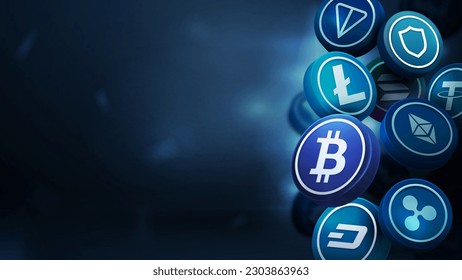 3D cryptocurrency coins on blue background. Bitcoin, Litecoin, Ethereum, Tether, Trust, Ton and Solana on blurred scene