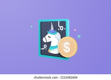 3d cryptocurrency concept for unicorn image files in NFT transfer to dollar by blockchain technology, Futuristic background. Cash and floating crypto exchange. cashless society concept in 3d vector