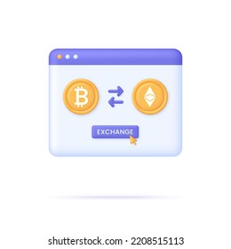 3D Cryptocurrency exchange illustration. Blockchain technology, ethereum, bitcoin, cryptocurrency mining, finance, digital money market. Cryptocurrency transaction. Online banking. Vector in 3d style
