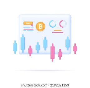 3D Cryptocurrency illustration. Market analytics and trading concept. Trading strategy. Global stock exchanges index. Cryptocurrency transaction. Online banking. Modern vector in 3d style.