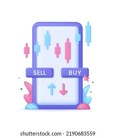 3D Cryptocurrency trading online on mobile phone screen. Market analytics and trading concept. Trading strategy. Global stock exchanges index. Cryptocurrency transaction. Vector in 3d style.