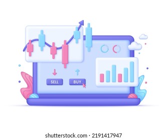 3D Cryptocurrency trading online on computer illustration. Stock market chart. Market analytics and trading concept. Trading strategy. Global stock exchanges index. Cryptocurrency transaction.