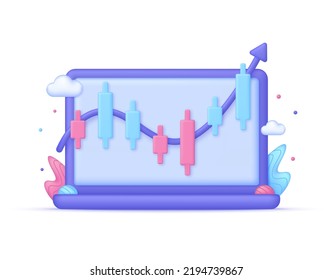 3D Cryptocurrency trading online on computer illustration. Stock market chart. Market analytics and trading concept. Trading strategy. Candlestick icon. Global stock exchanges index.