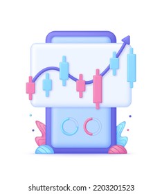 3D Cryptocurrency trading online on mobile phone screen. Market analytics and trading concept. Trading strategy. Global stock exchanges index. Cryptocurrency transaction. Vector in 3d style.