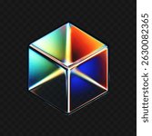 3D crystal glass cube with refraction and iridescent effects isolated on dark background. Render transparent rotating glass box with neon dispersion light and rainbow gradient. 3d vector figure