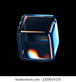 cubo de vidrio de cristal 3d con refracción y efecto holográfico aislado sobre fondo negro. Casilla de rotación de vidrio transparente con luz de dispersión superpuesta, gradiente arco iris. 3.ª ilustración vectorial