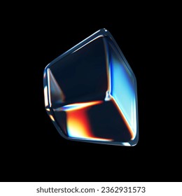cubo de vidrio de cristal 3d con refracción y efecto holográfico aislado sobre fondo negro. Casilla de rotación de vidrio transparente con luz de dispersión superpuesta, gradiente arco iris. 3.ª ilustración vectorial