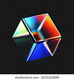 Cubo de cristal 3D con efectos de refracción e iridiscentes aislados sobre fondo oscuro. Render caja de vidrio giratoria transparente con luz de dispersión de neón y gradiente de arco iris. Figura de Vector 3D