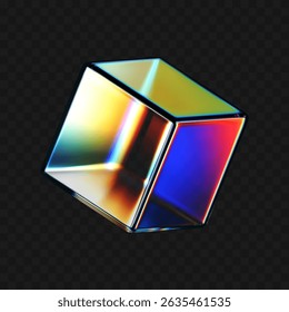Cubo de cristal 3D con efectos de refracción e iridiscentes aislados sobre fondo oscuro. Render caja de vidrio giratoria transparente con luz de dispersión de neón y gradiente de arco iris. Figura de Vector 3D