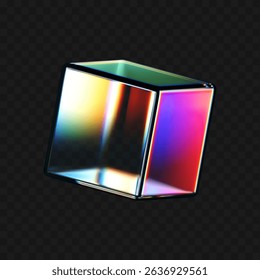 3D crystal glass cube with refraction and iridescent effects isolated on dark background. Render transparent rotating glass box with neon dispersion light and rainbow gradient. 3d vector figure