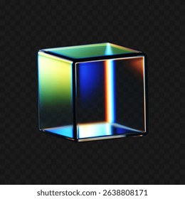 3D crystal glass cube with refraction and iridescent effects isolated on dark background. Render transparent rotating glass box with neon dispersion light and rainbow gradient. 3d vector figure