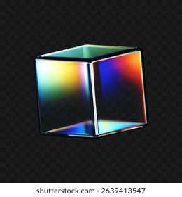 3D crystal glass cube with refraction and iridescent effects isolated on dark background. Render transparent rotating glass box with neon dispersion light and rainbow gradient. 3d vector figure