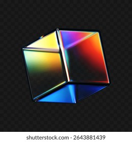 Cubo de cristal 3D con efectos de refracción e iridiscentes aislados sobre fondo oscuro. Render caja de vidrio giratoria transparente con luz de dispersión de neón y gradiente de arco iris. Figura de Vector 3D