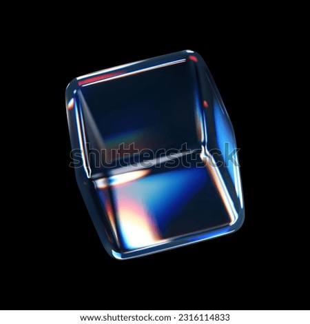 3d crystal glass cube with refraction and holographic effect isolated on black background. Render transparent glass rotate box with overlay dispersion light, rainbow gradient. 3d vector illustration