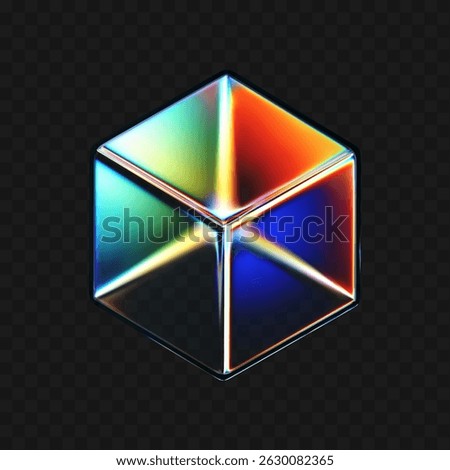 3D crystal glass cube with refraction and iridescent effects isolated on dark background. Render transparent rotating glass box with neon dispersion light and rainbow gradient. 3d vector figure