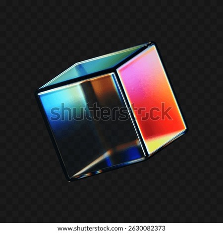3D crystal glass cube with refraction and iridescent effects isolated on dark background. Render transparent rotating glass box with neon dispersion light and rainbow gradient. 3d vector figure