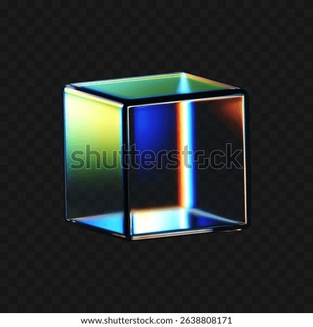 3D crystal glass cube with refraction and iridescent effects isolated on dark background. Render transparent rotating glass box with neon dispersion light and rainbow gradient. 3d vector figure