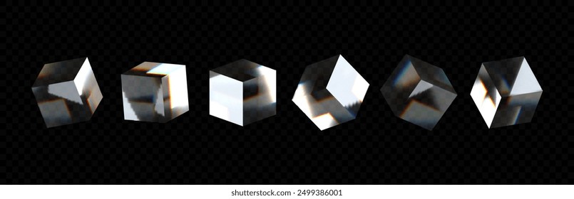 3D crystal glass cubes with refractive and holographic effects, isolated on a transparent background. Rendered transparent glass rotating boxes with light dispersion overlay and a rainbow gradient.