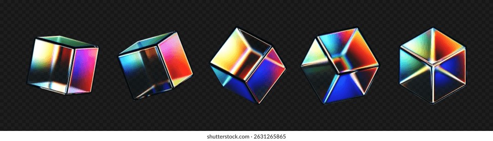 Cubos de cristal 3D fijados con la refracción y los efectos iridiscentes aislados en fondo oscuro. Render caja de vidrio giratoria transparente con luz de dispersión de neón y gradiente de arco iris. Figura de Vector 3D