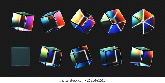 3D crystal glass cubes set with refraction and iridescent effects isolated on dark background. Render transparent rotating glass box with neon dispersion light and rainbow gradient. 3d vector figure