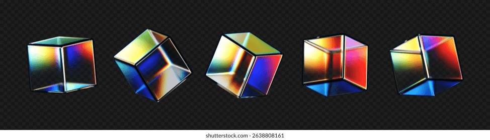 3D crystal glass cubes set with refraction and iridescent effects isolated on dark background. Render transparent rotating glass box with neon dispersion light and rainbow gradient. 3d vector figure