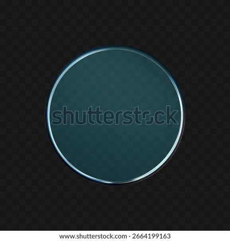 3d crystal glass disc with soft holographic effect isolated on dark background. Render of transparent glass button, podium or mirror with neon gradient texture. 3D vector UI figure for tech interface