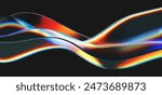 3d crystal glass liquid wave with refraction and holographic effect isolated on dark background. Render transparent glass ribbon, fluid splash with rainbow gradient flying in motion. 3d vector figure