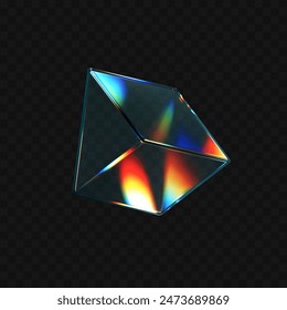 3d crystal glass prism with refraction and holographic effect isolated on dark background. Render transparent glass rotate figure with overlay dispersion light, rainbow gradient. 3d vector morphism