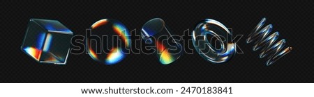 3d crystal glass shapes with refraction and holographic effect isolated on dark background. Render transparent glass rotate figure with overlay dispersion light, rainbow gradient. 3d vector morphism
