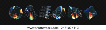 3d crystal glass shapes with refraction and holographic effect isolated on dark background. Render transparent glass rotate figure with overlay dispersion light, rainbow gradient. 3d vector morphism