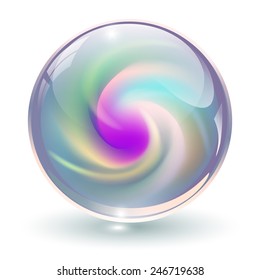3D crystal, glass sphere with abstract spiral shape inside, vector illustration.