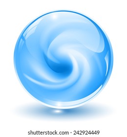 3D crystal, glass sphere, blue with abstract spiral shape inside, vector illustration.