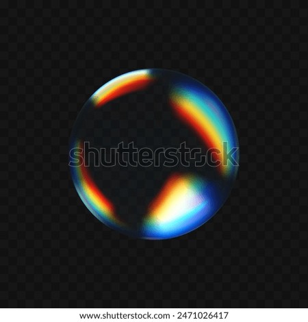 3d crystal glass sphere with refraction and holographic effect isolated on dark background. Render transparent glass rotate figure with overlay dispersion light, rainbow gradient. 3d vector morphism
