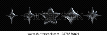 3D crystal glass star with refractive and holographic effects, isolated on a dark background.
