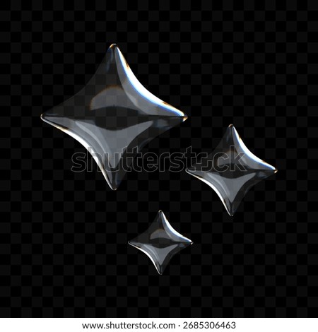 3D crystal glass star with refractive and holographic effects, isolated on a dark background.