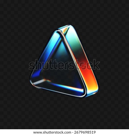 3D crystal glass triangle with holographic neon gradient and prism reflection. Render futuristic transparent triangles for UI, media buttons, tech design, digital backgrounds. 3d vector figure