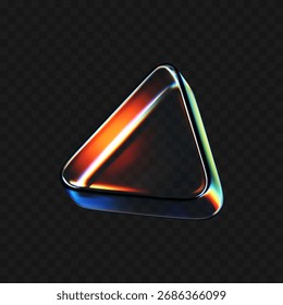 Triángulo de cristal 3D con efectos de refracción e iridiscentes aislados sobre fondo oscuro. Render prisma de vidrio giratorio transparente con luz de dispersión de neón y gradiente de arco iris. Figura de Vector 3D