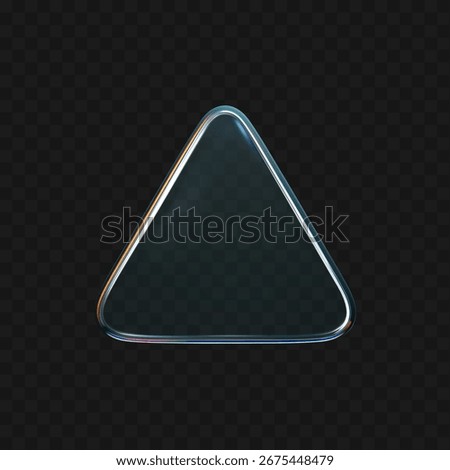 3D crystal glass triangle with refraction and iridescent effects isolated on dark background. Render transparent rotating glass prism with neon dispersion light and rainbow gradient. 3d vector figure