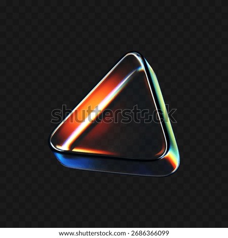 3D crystal glass triangle with refraction and iridescent effects isolated on dark background. Render transparent rotating glass prism with neon dispersion light and rainbow gradient. 3d vector figure