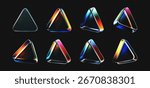 3D crystal glass triangles with refraction and iridescent effects isolated on dark background. Render transparent rotating glass prism with neon dispersion light and rainbow gradient. 3d vector figure