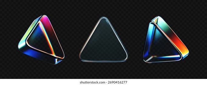 Triângulos de vidro de cristal 3D com refração e efeitos iridescentes isolados no fundo escuro. Renderize o prisma de vidro rotativo transparente com luz de dispersão de néon e gradiente de arco-íris. figura vetorial 3d
